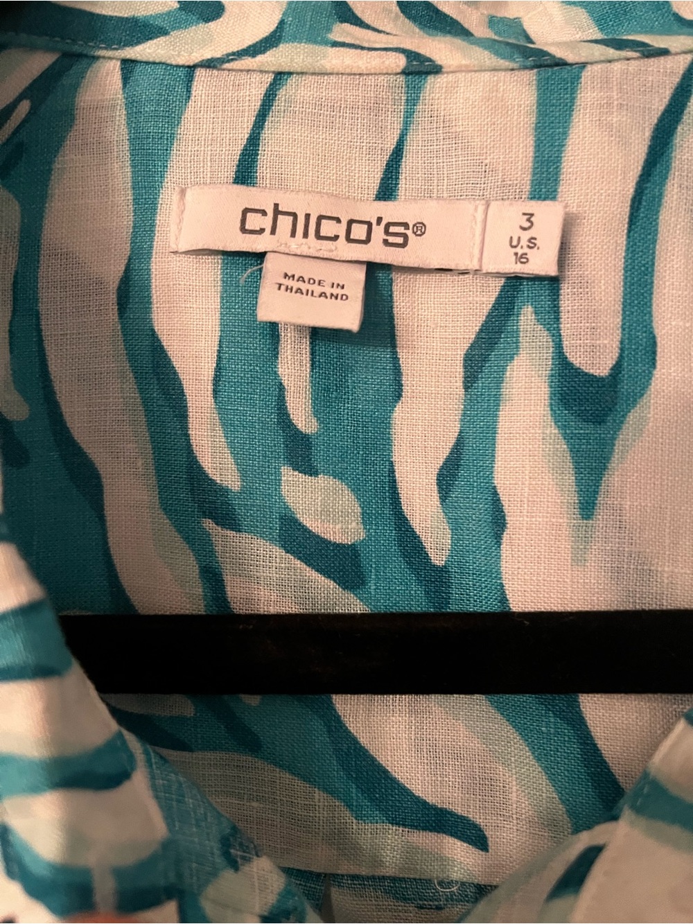 Chico's Teal and White Zebra-Print No Iron Linen Blouse - Picture 2 of 3